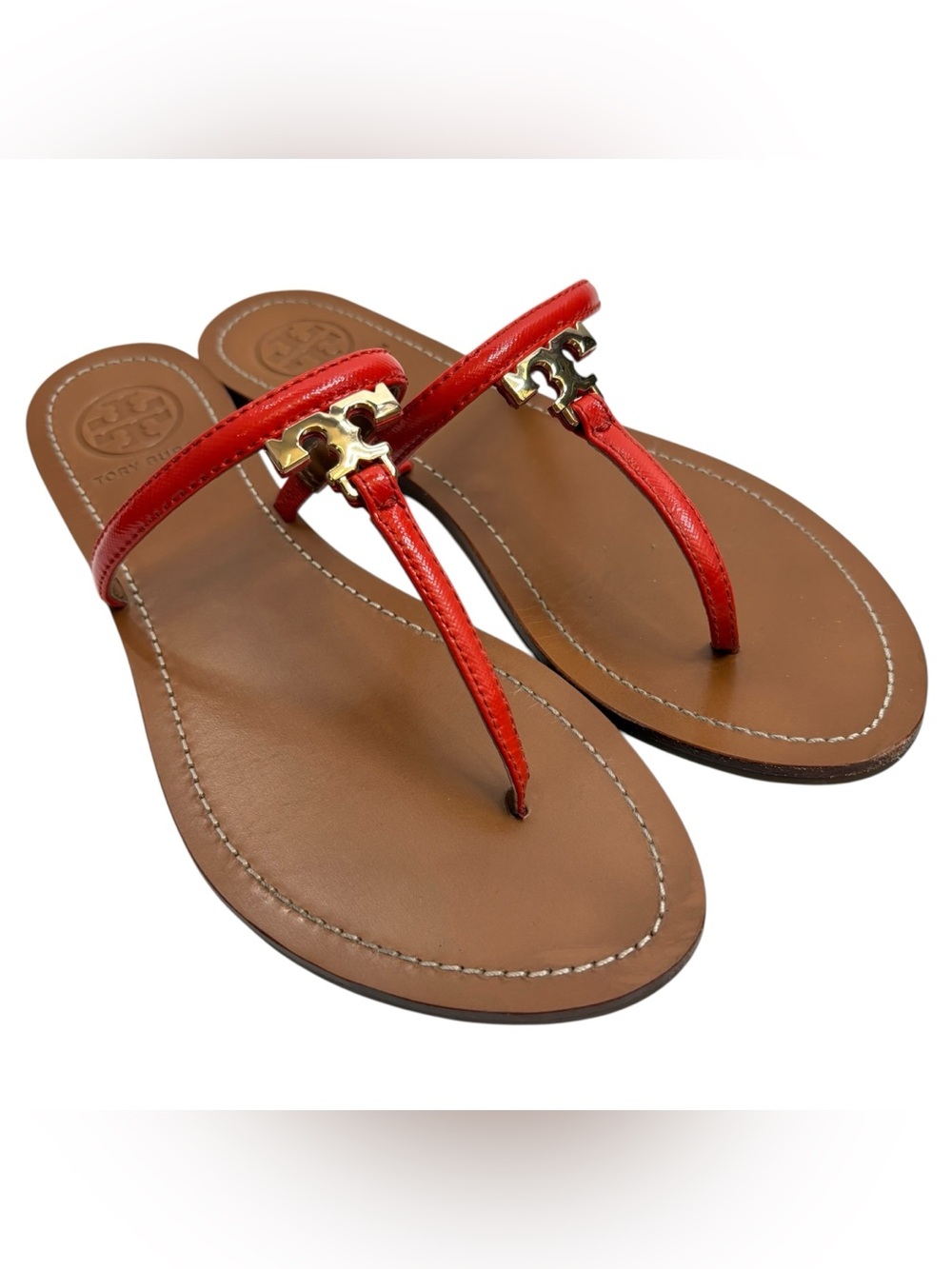 Tory Burch Red Leather Logo Thong Sandals with Gold Hardware